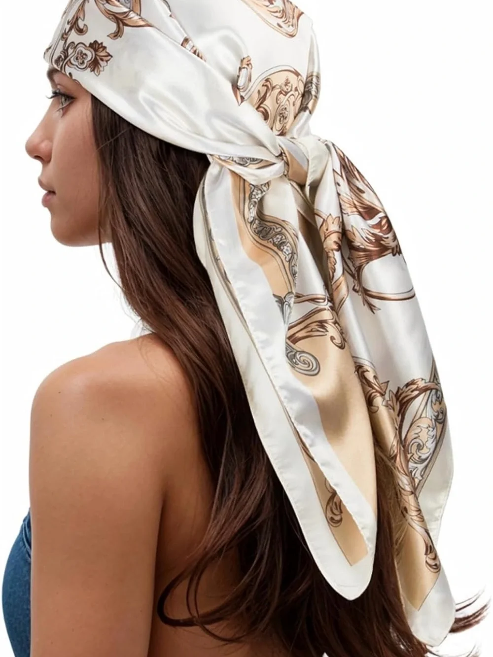 Silk-Feel Cream & Gold Printed Head Scarf